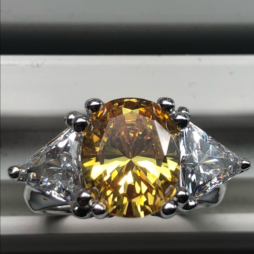 Three-Stone Fancy Lab Yellow Canary Diamond, CZ’s.